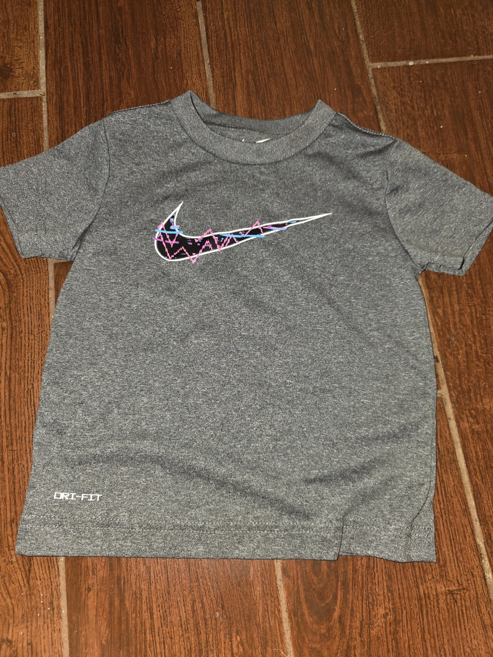 Nike Gray Short Sleeve Tee with Colorful Patterned Swoosh